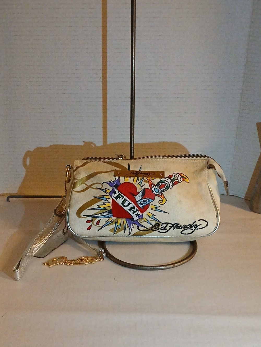Ed Hardy Cream Tattoo Heart Wristlet  Clutch